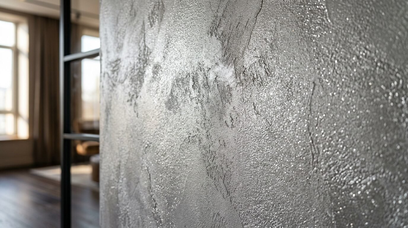 Close-up perspective of a rough, metallic silver plaster wall with sparkling light reflections.