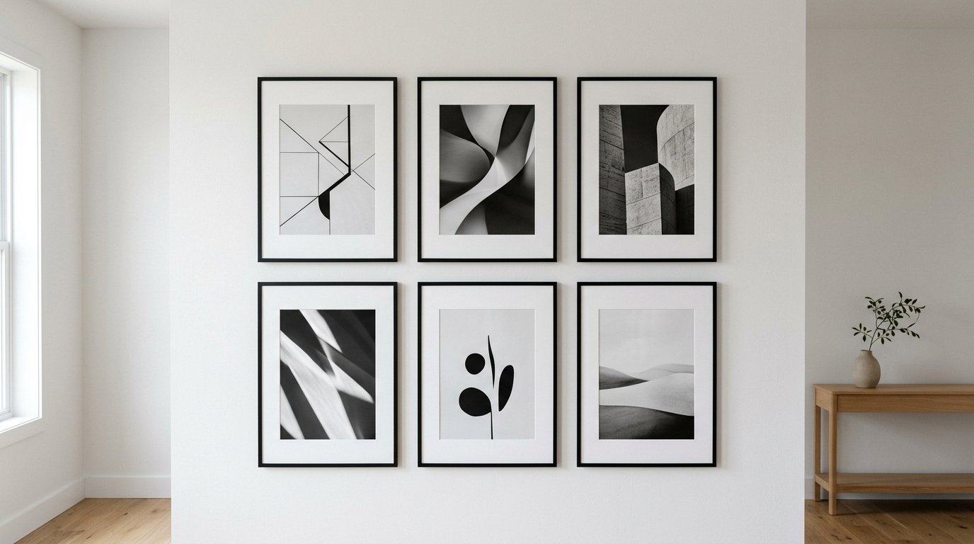 Gallery wall display featuring six framed abstract black and white photographs in two rows.
