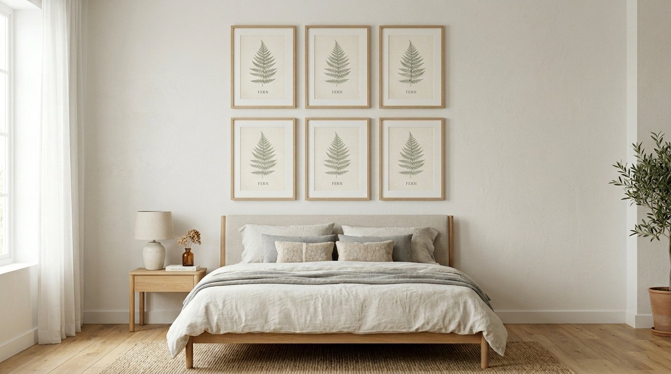 A beige bedroom wall with six identical framed fern leaf art pieces arranged in two rows above a wooden bed frame.
