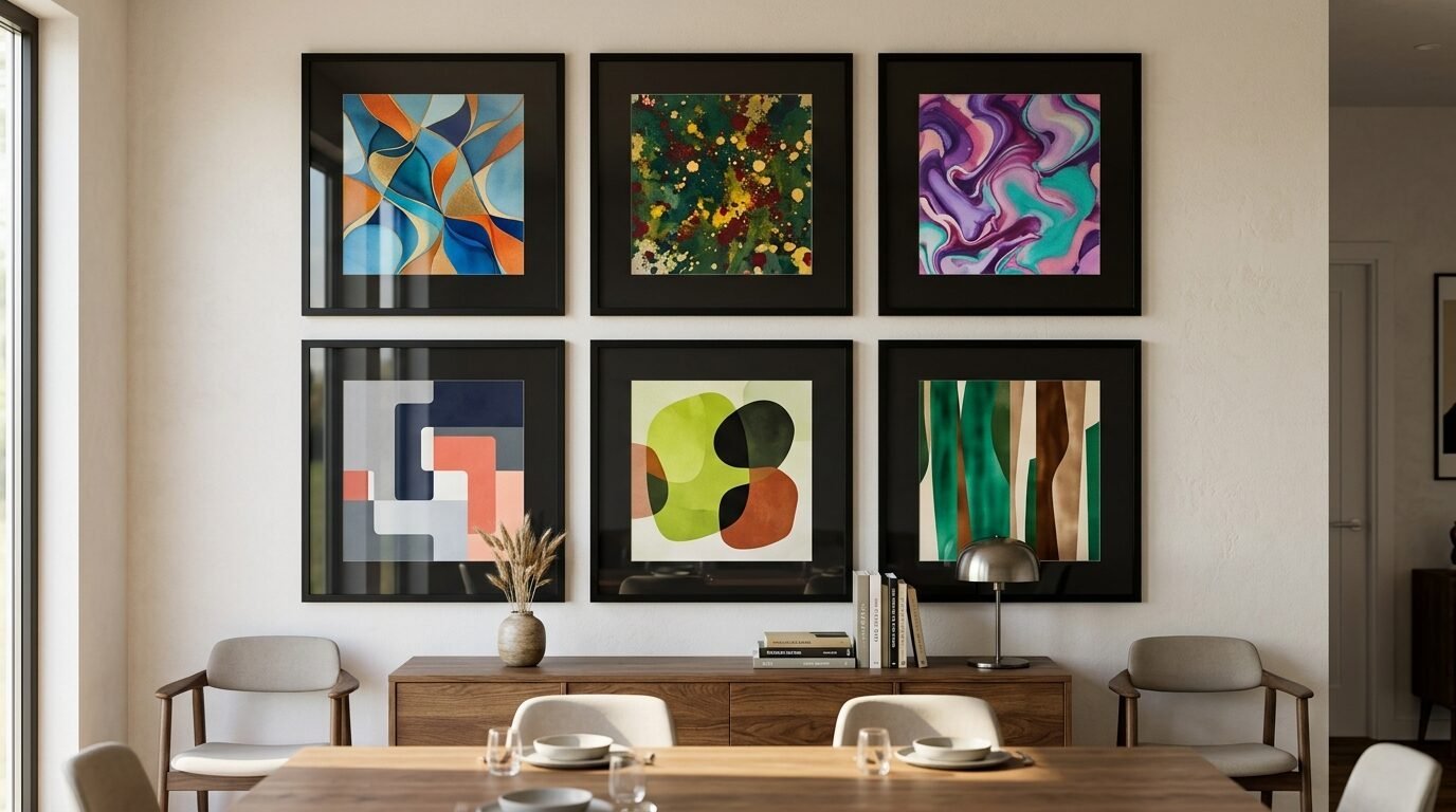 Gallery wall featuring six square abstract art prints above a wooden sideboard in a dining room.
