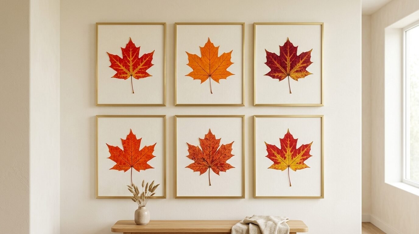 A beige wall featuring six framed prints of colorful maple leaves displayed in two rows above a wooden table.