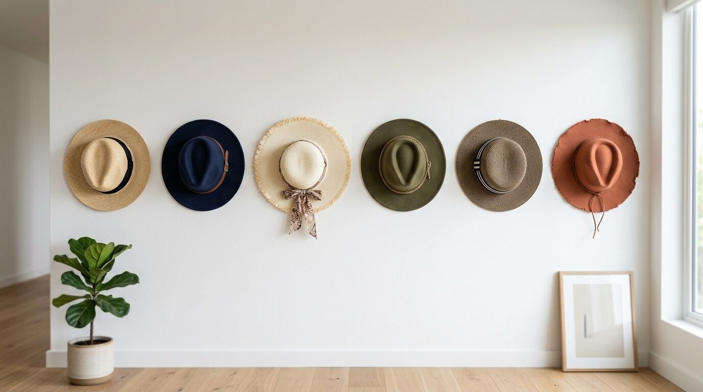 Six stylish hats in different colors and textures mounted in a row on a clean white interior wall.