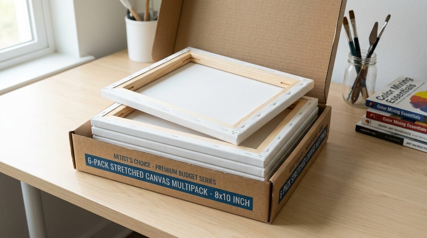 A stack of white stretched canvases sitting inside an open cardboard box on a wooden desk.