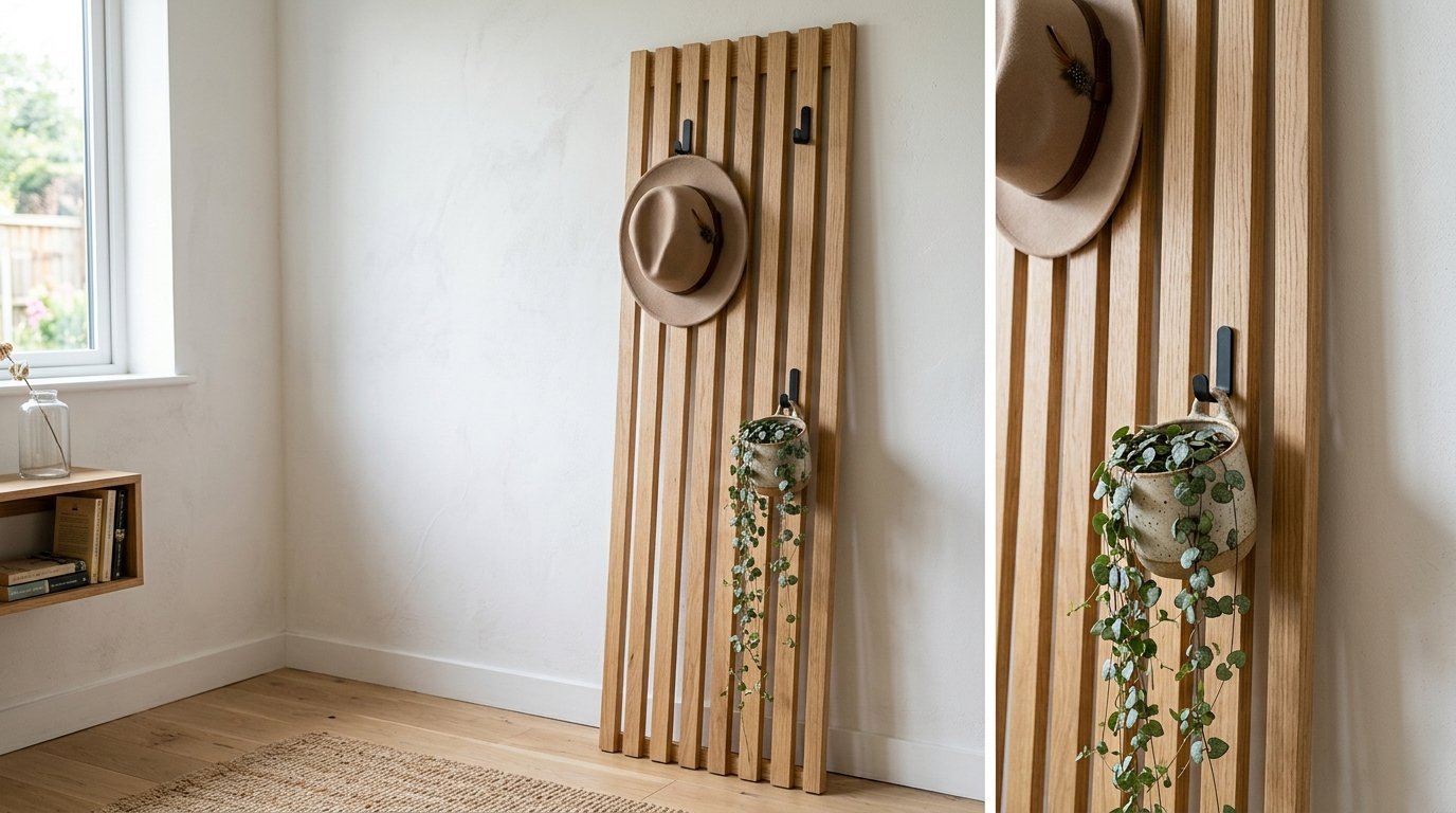 Vertical wood slats mounted on a wall holding a fedora and a trailing houseplant in a ceramic pot.