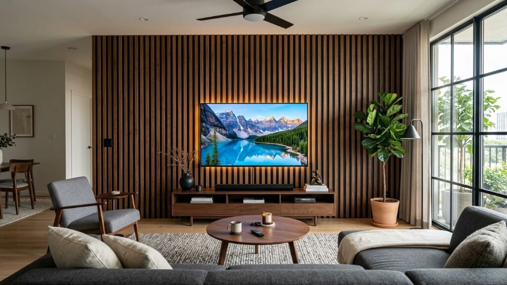 A flat screen TV displays a mountain landscape on a vertical timber slat wall above a low wooden media console.