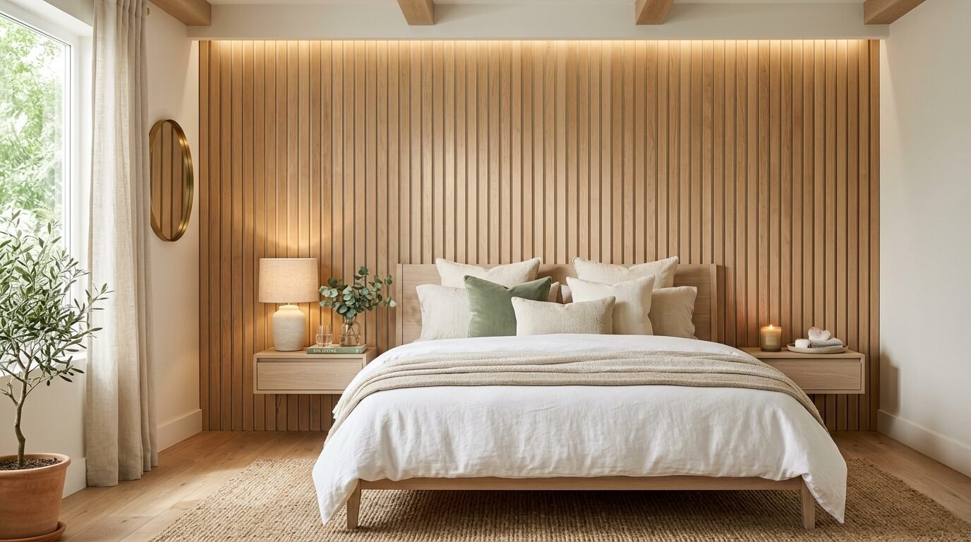 Modern bedroom with light oak vertical slat wall, floating nightstands, and cozy layered neutral bedding.