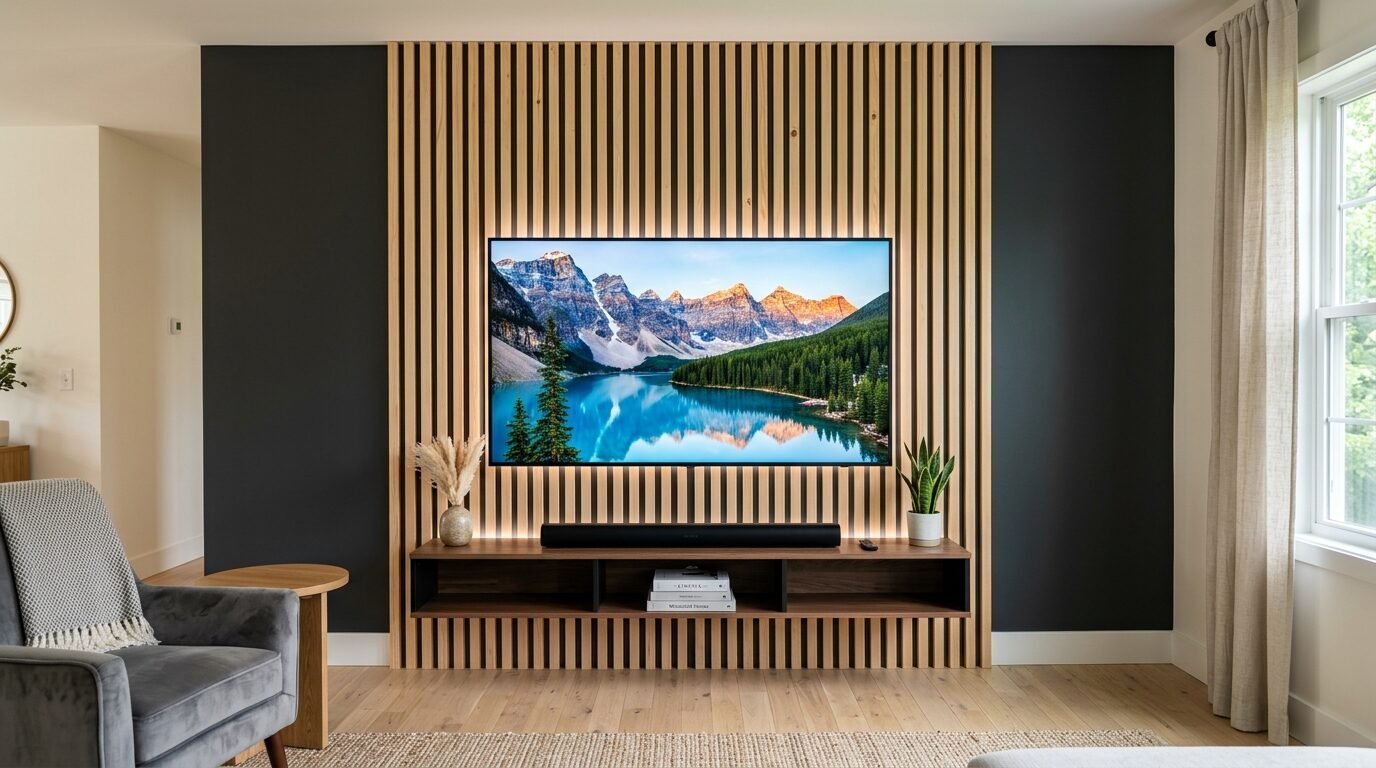 Wall mounted television with backlight against a vertical wood slat feature wall and floating shelf.