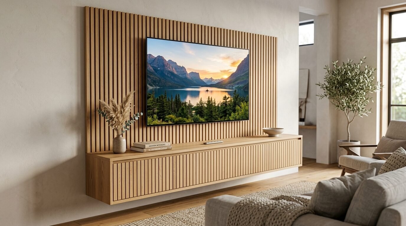 A floating oak console with vertical wood slats mounted on the wall below a television displaying a mountain lake.