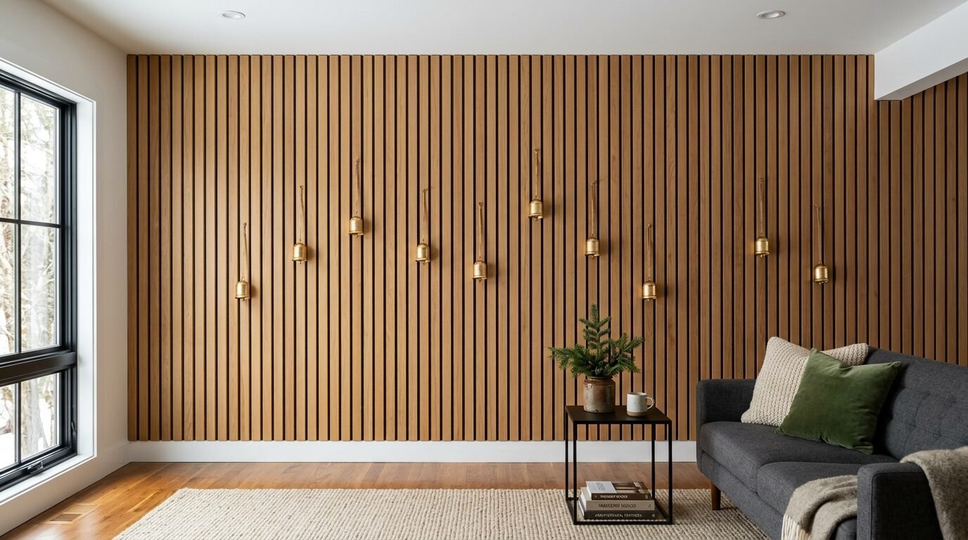 Modern interior wall with vertical wood slats decorated with several gold-toned hanging bells above a dark sofa.