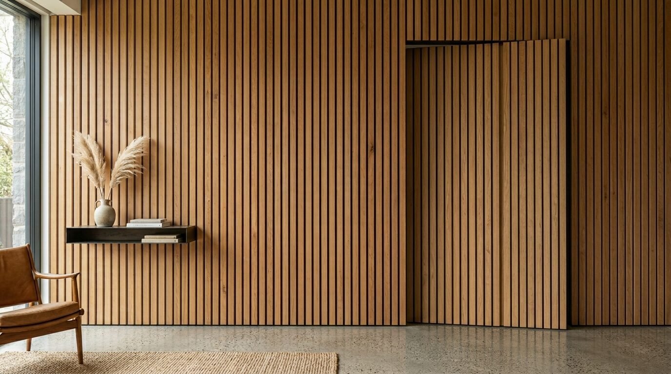 A room featuring a seamless wooden slat wall with an integrated hidden doorway and floating shelf.