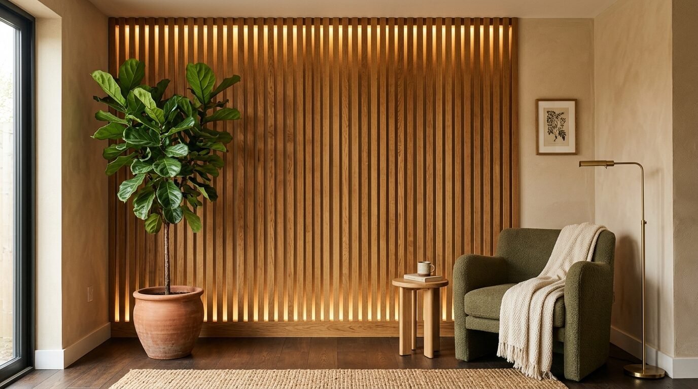 A green upholstered armchair beside a potted fiddle leaf fig tree in front of a backlit vertical wood panel wall.