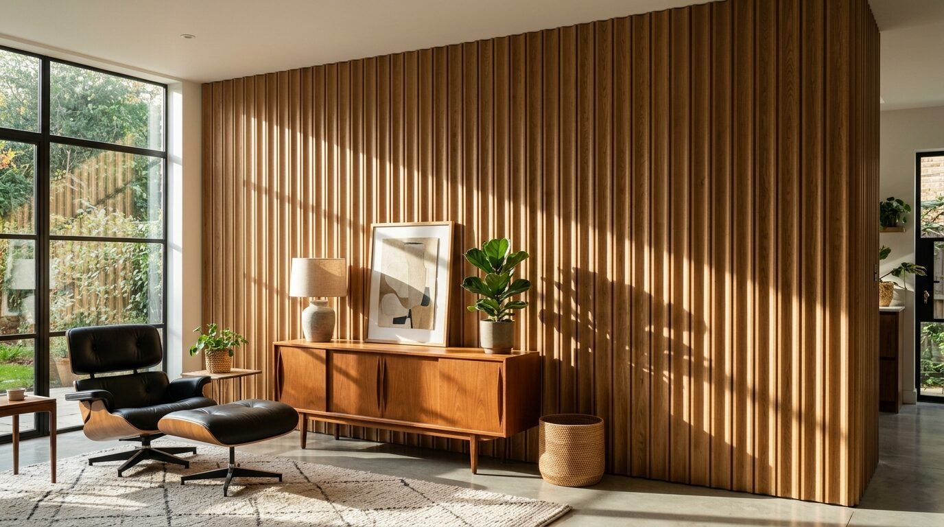 A black leather lounge chair sits before a textured oak wood slat wall with a sideboard and potted plants.