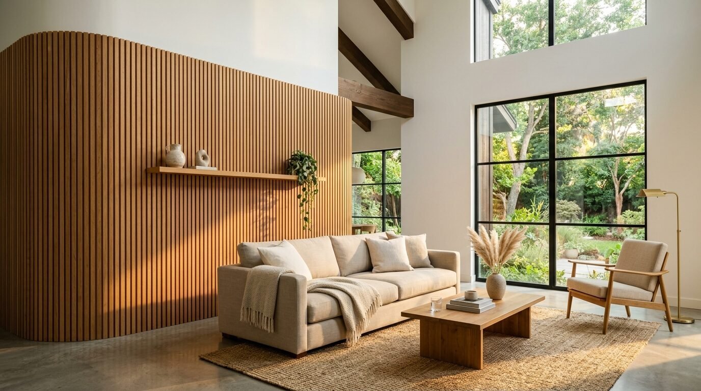 Bright living room with a textured wood wall, beige sofa, and large windows overlooking a green garden.