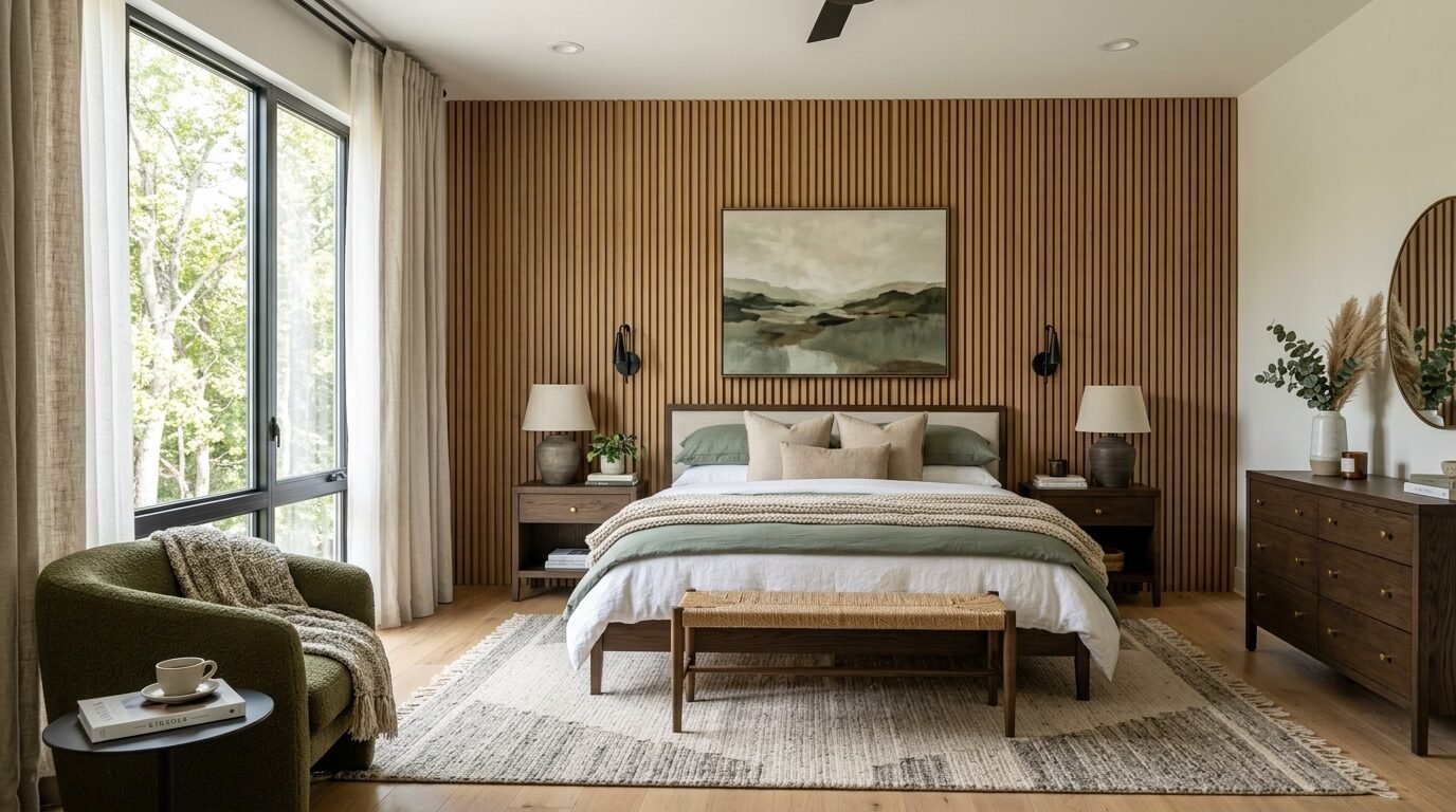Modern bedroom with a wood slat wall, green bedding, and a woven bench at the foot of the bed.
