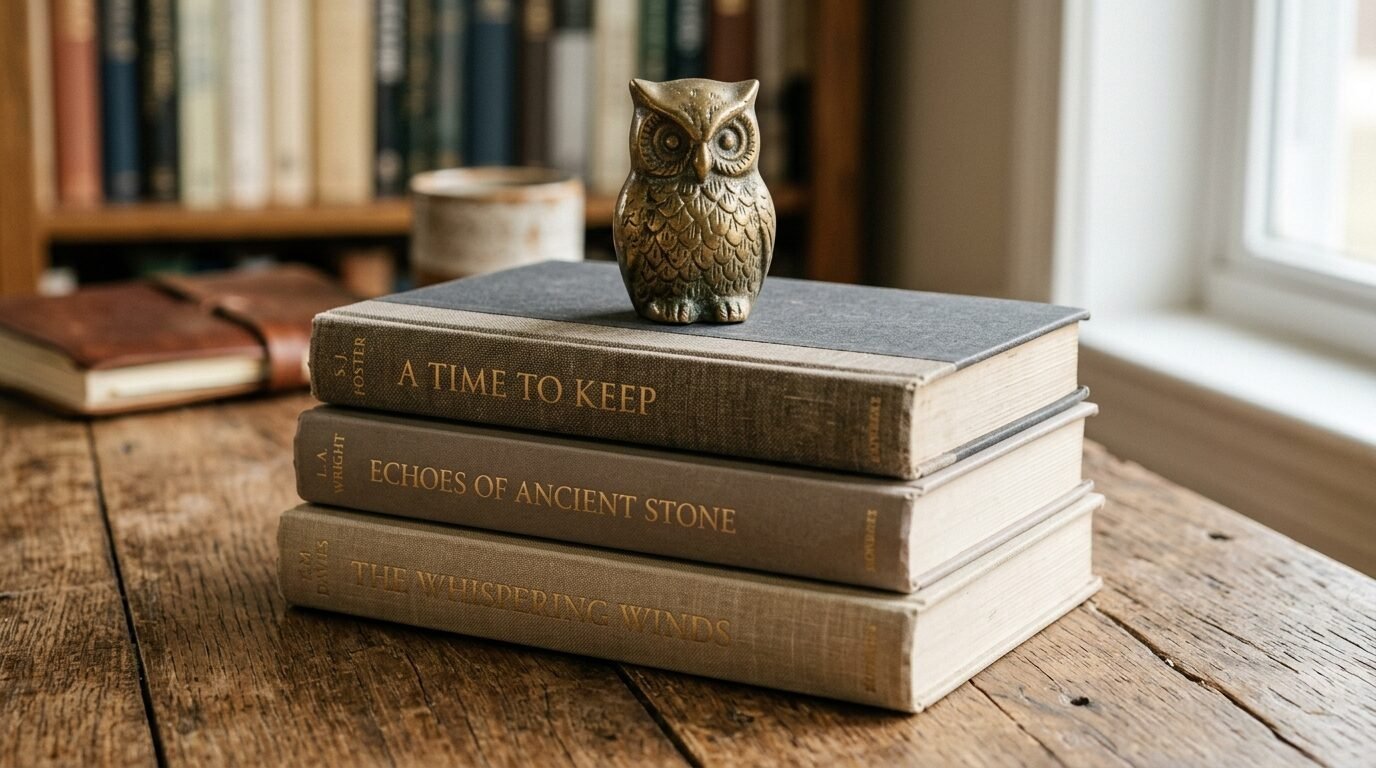 Vintage owl figurine perched on three stacked antique books on a rustic wooden table.