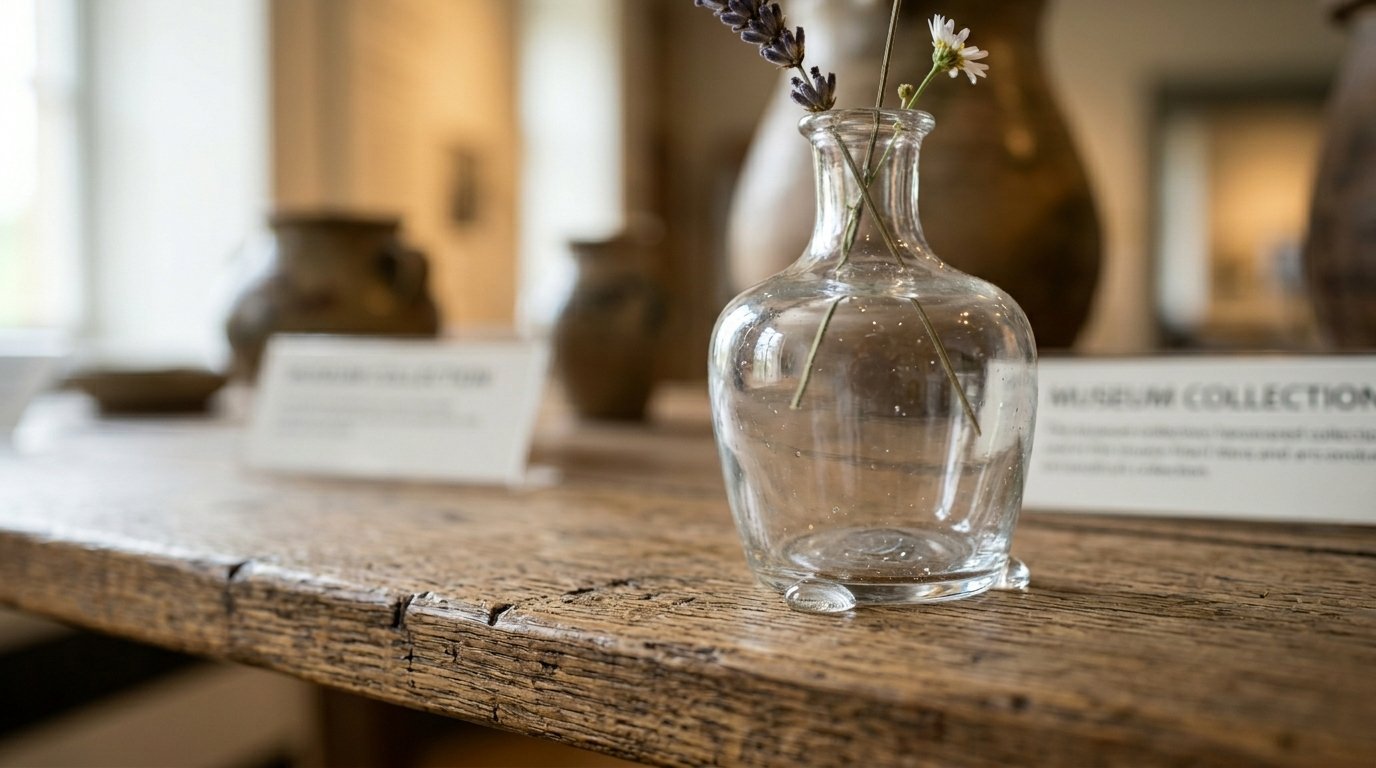 A tiny glass bud vase holding lavender and daisy stems sitting on a rustic wooden table in a gallery.