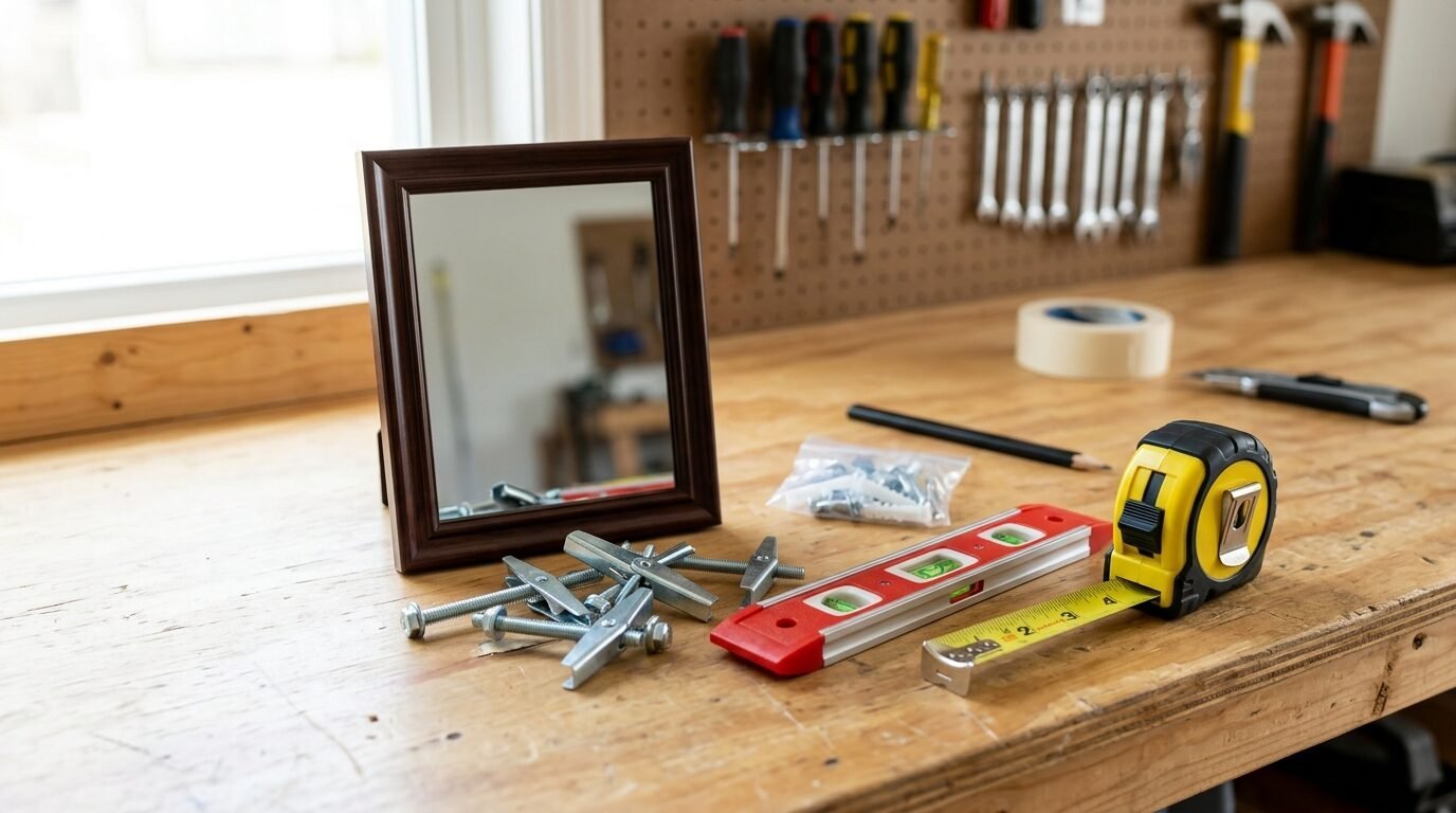 A small mirror sits on a wooden workbench surrounded by toggle bolts, a level, and a yellow measuring tape.
