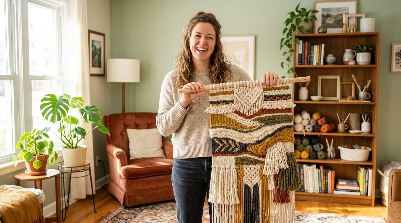 A smiling woman in a beige sweater holds a textured woven fiber art piece in a cozy living room.