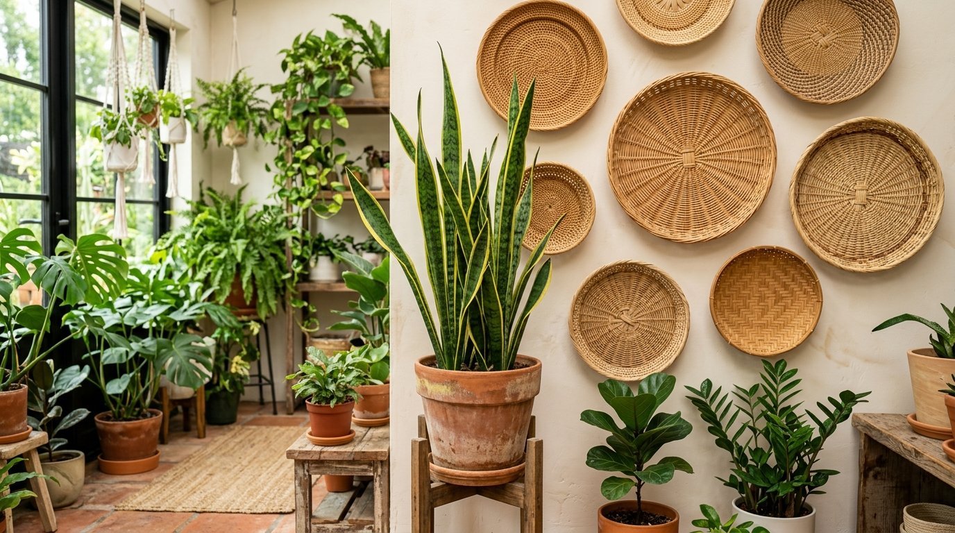 A vibrant snake plant stands in a terracotta pot before a wall decorated with various woven rattan baskets.