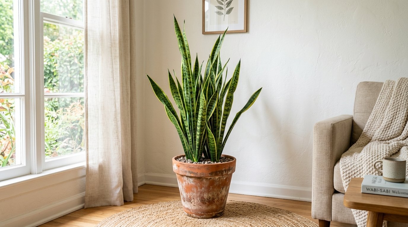 A tall sansevieria plant growing in a rustic clay planter on a round jute rug near a bright window.