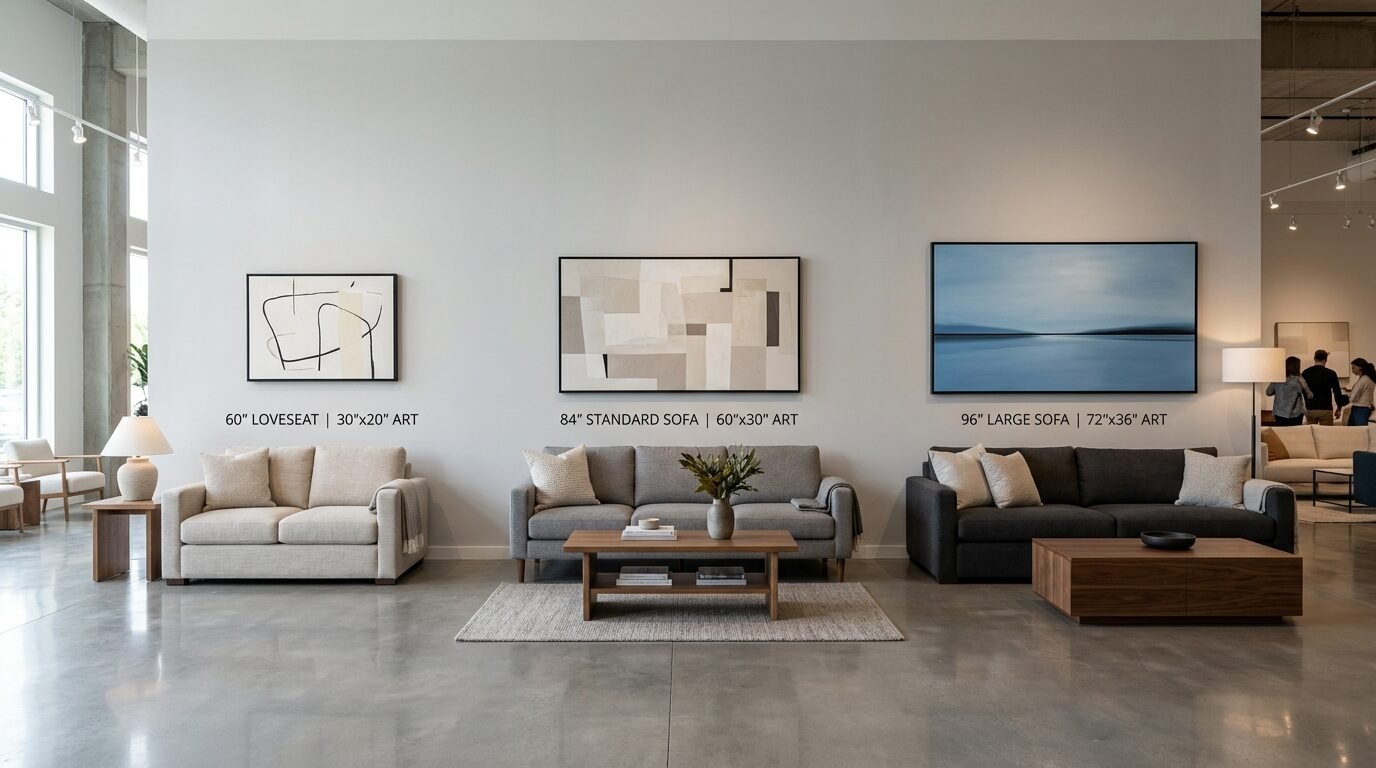 Three sofas in different sizes paired with proportional wall art in a modern showroom.