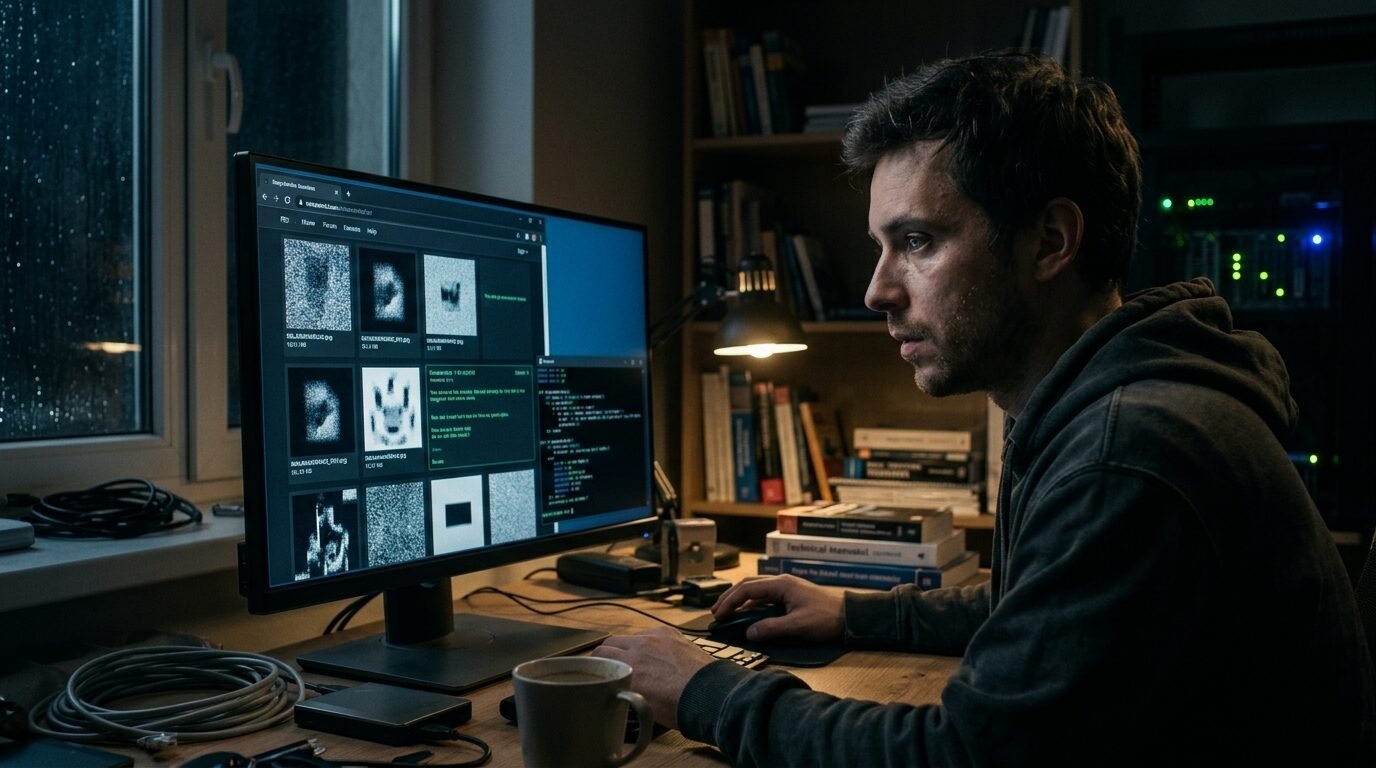A man in a hoodie working late at his desk, analyzing grainy image data on a computer screen.