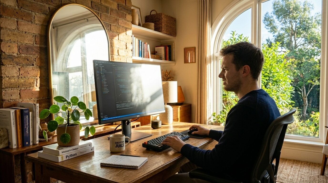 Man sitting at a wooden desk by a window, coding on a computer monitor with a mug nearby.
