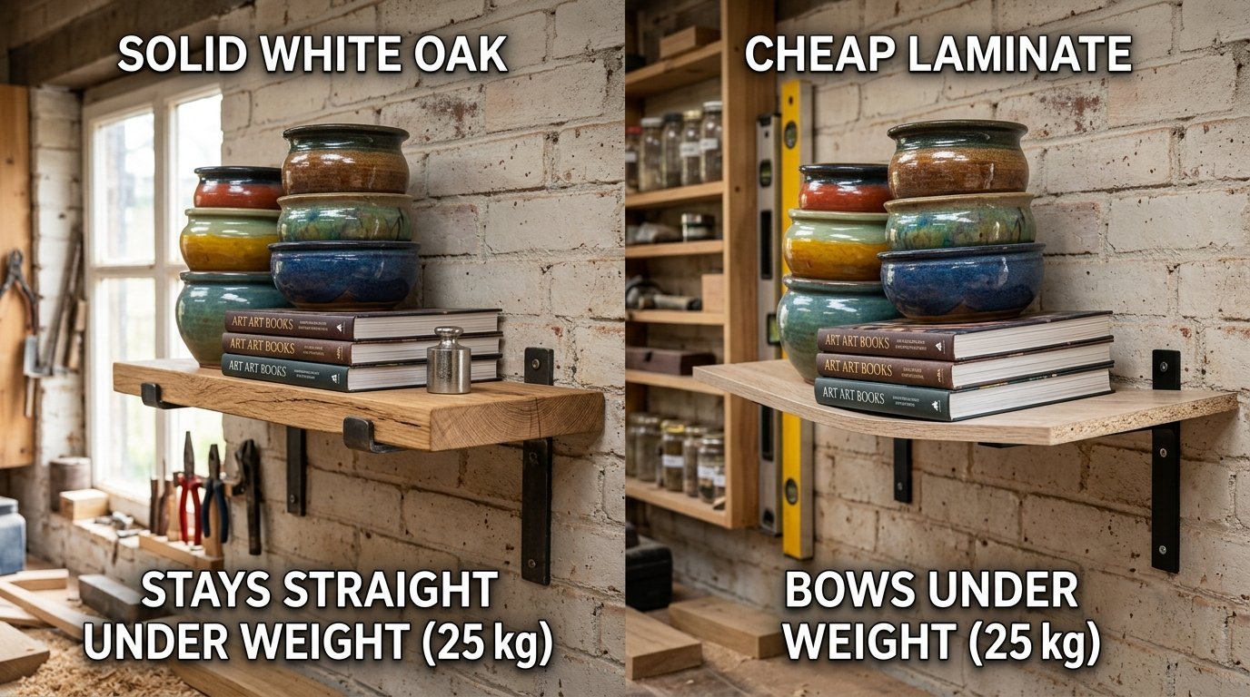 Split screen image showing a straight white oak shelf and a bowed laminate shelf supporting identical heavy weights.