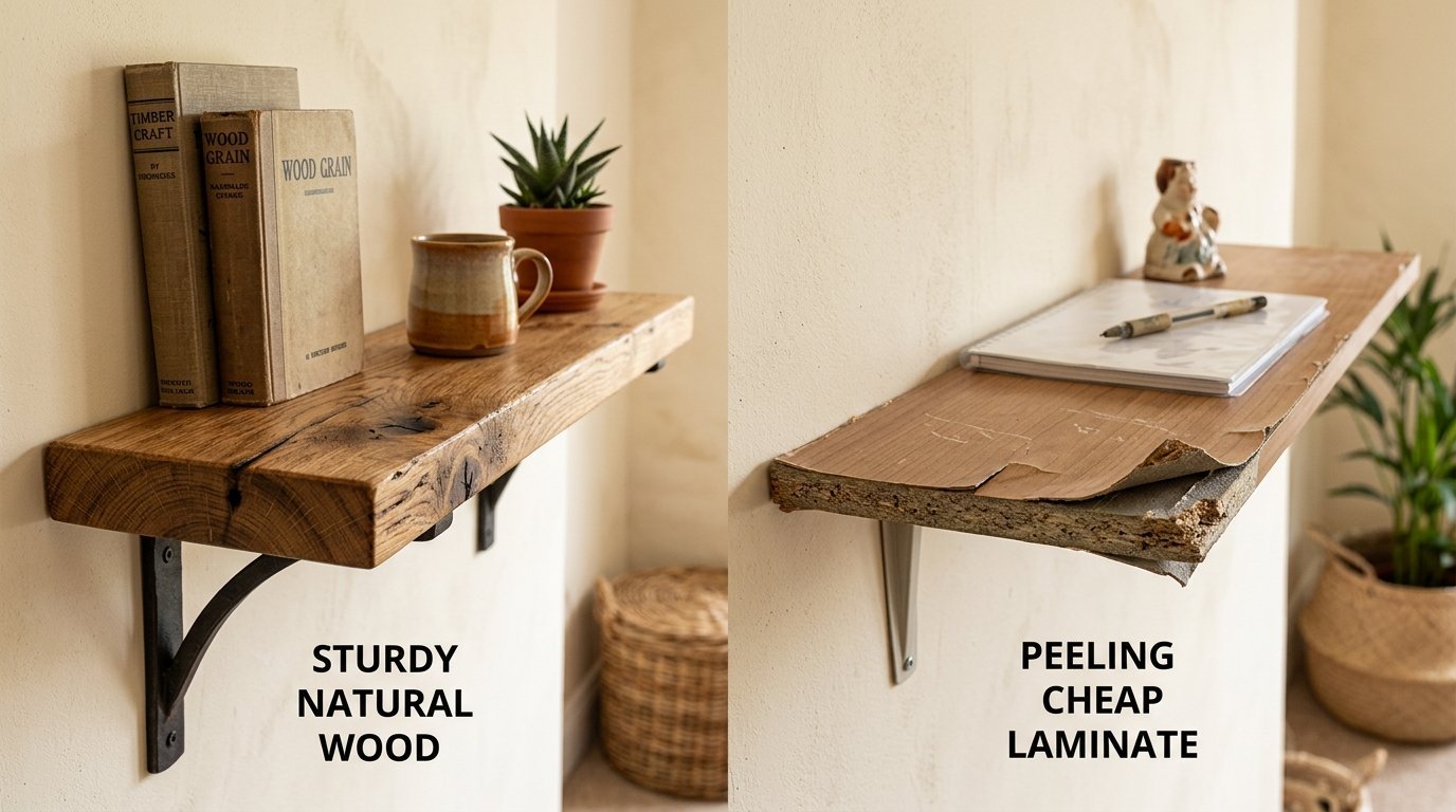 Comparison photo showing a durable solid oak shelf next to a cheap particle board shelf with peeling veneer.