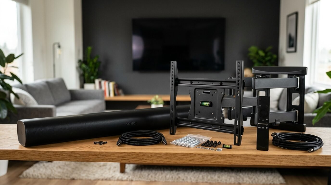 A Sonos soundbar and black swivel wall mount frame with installation hardware laid out on a wooden table.
