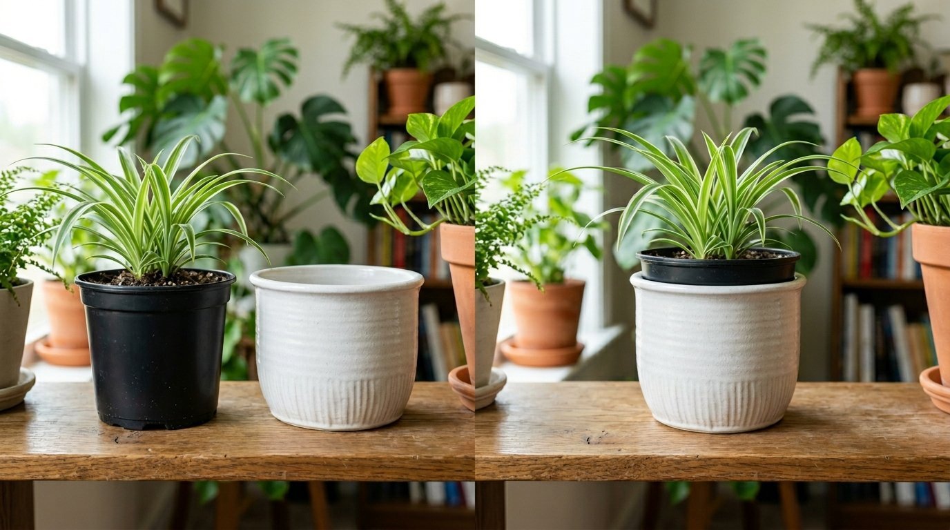 Side by side view of a small spider plant in a black plastic nursery pot and then inside a white ceramic planter.