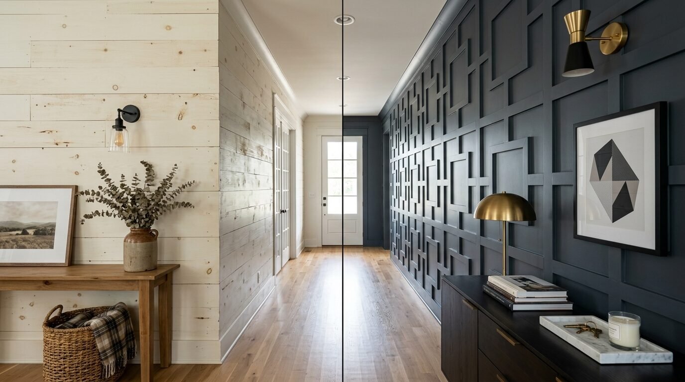 A hallway split between a natural wood wall on the left and a dark blue geometric paneled wall on the right.
