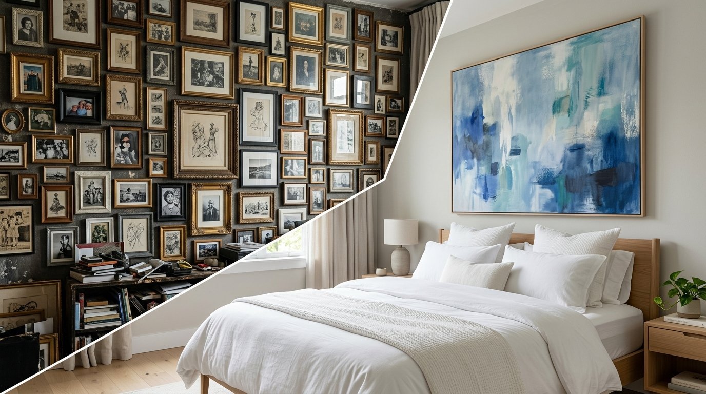 Split view showing a wall covered in vintage framed photos next to a modern bedroom with a large blue abstract painting.