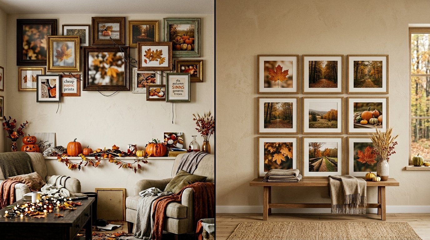Split image showing a cluttered rustic living room on the left and a minimalist organized wall gallery on the right.