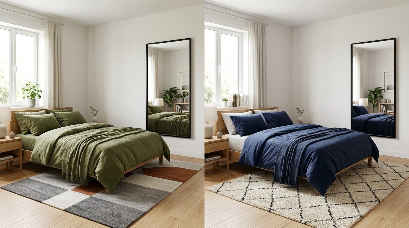 A comparison of two identical bedroom layouts with either olive green or dark navy blue duvet sets.