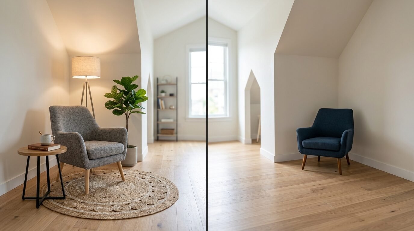 Split screen image comparing a decorated reading nook with a grey chair to a minimalist room with a blue chair.