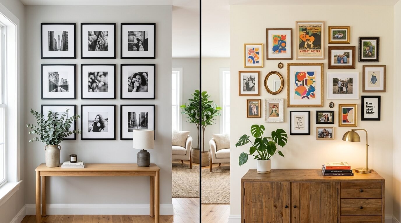 Comparison of two home gallery walls: one with matching black frames and another with a eclectic mix of colorful art.