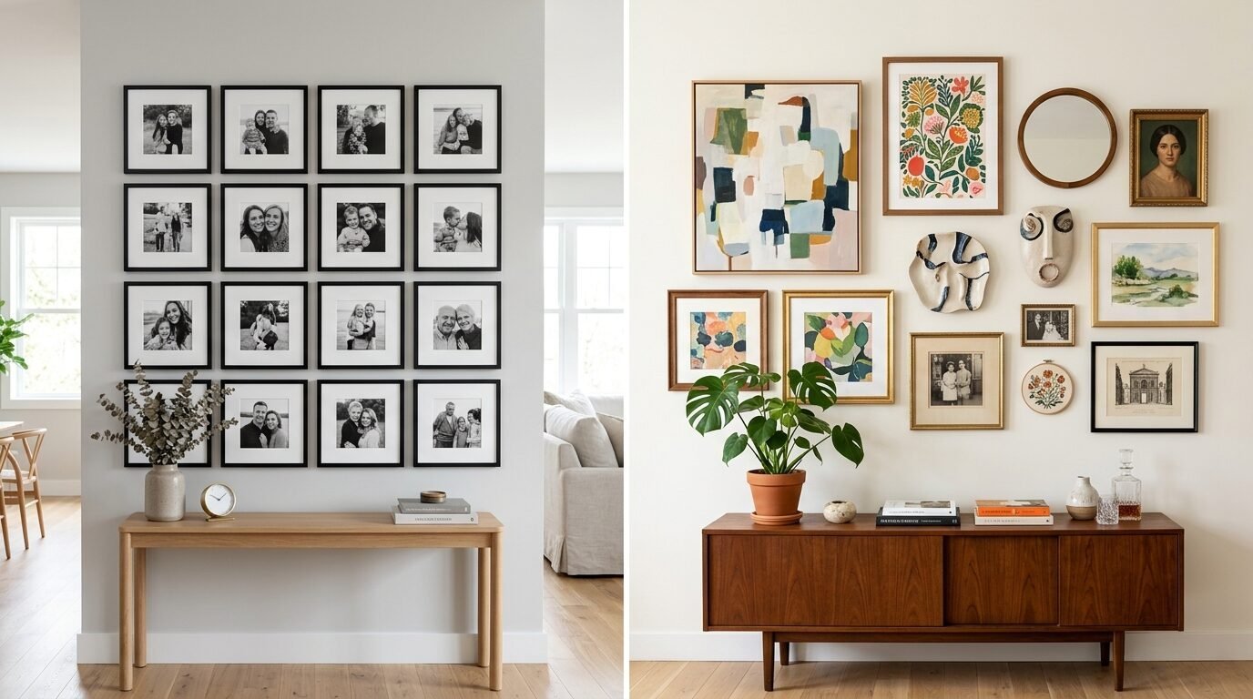 Comparison of a symmetrical black-and-white photo grid versus a gallery wall with colorful art, mirrors, and decor.