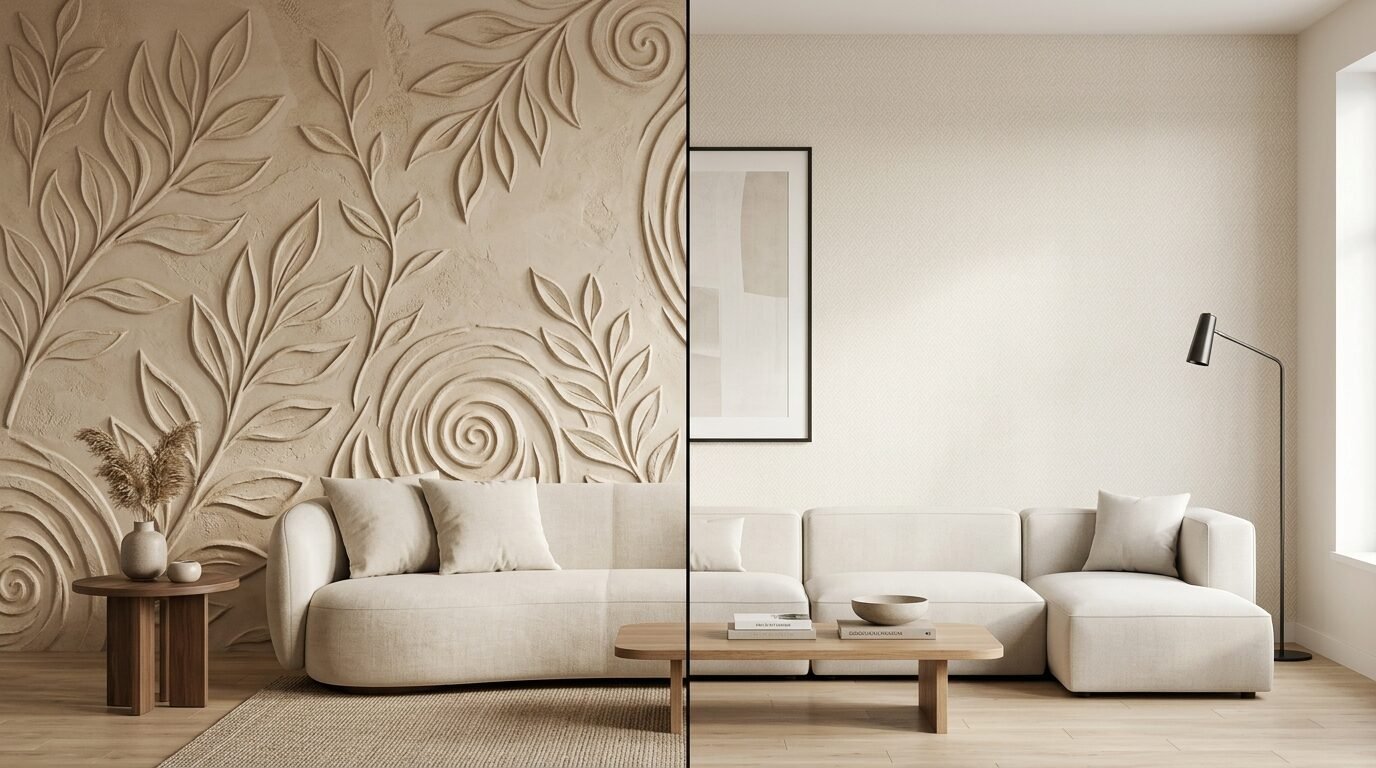 Comparison view of a lounge featuring a carved leafy wall mural and a minimalist cream modular couch.