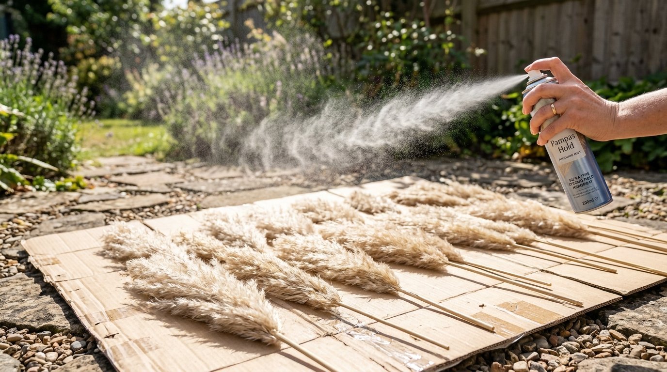 A hand holding a can of Pampas Hold spray, misting a row of dried grass stalks laid out on cardboard.