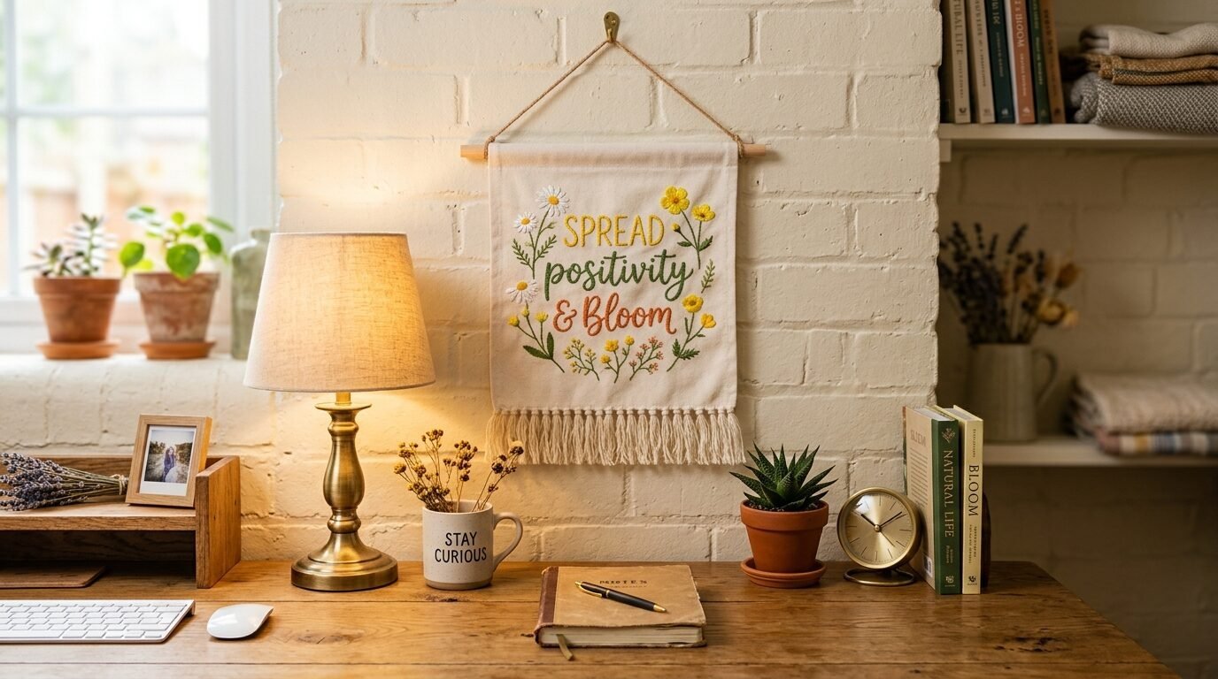 A beige fabric wall hanging with floral embroidery and the text Spread Positivity and Bloom hanging on a brick wall.