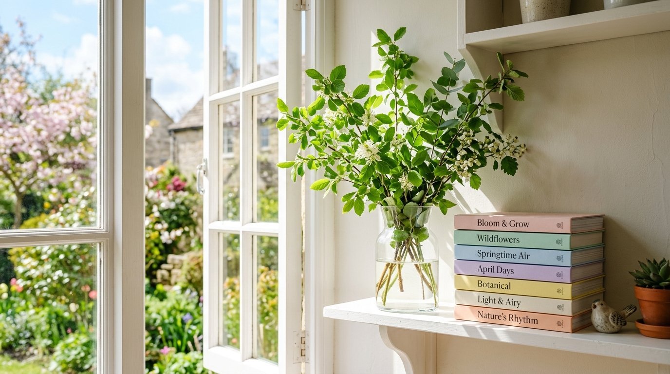 A vase of fresh green branches sits on a white shelf beside colorful stacked books by an open window.