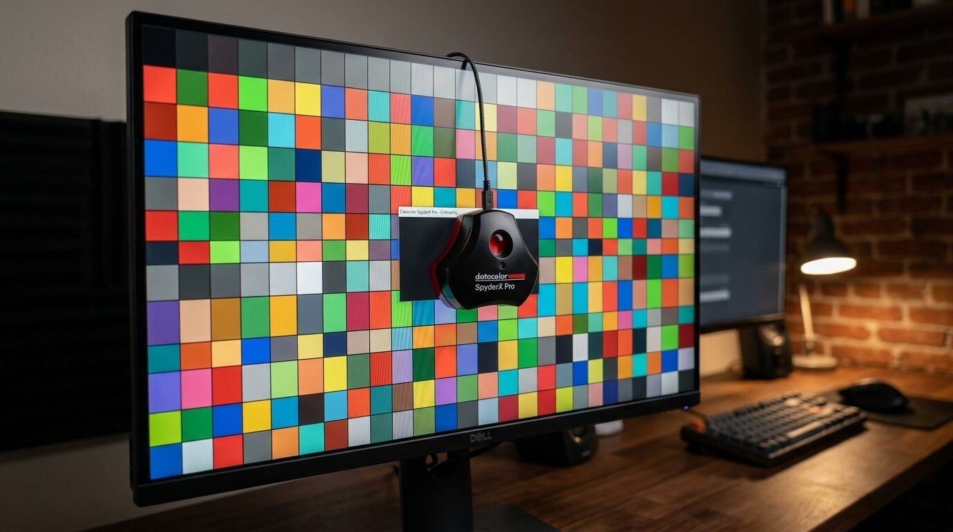 Datacolor SpyderX Pro device resting on a computer screen displaying a multi-colored test pattern.
