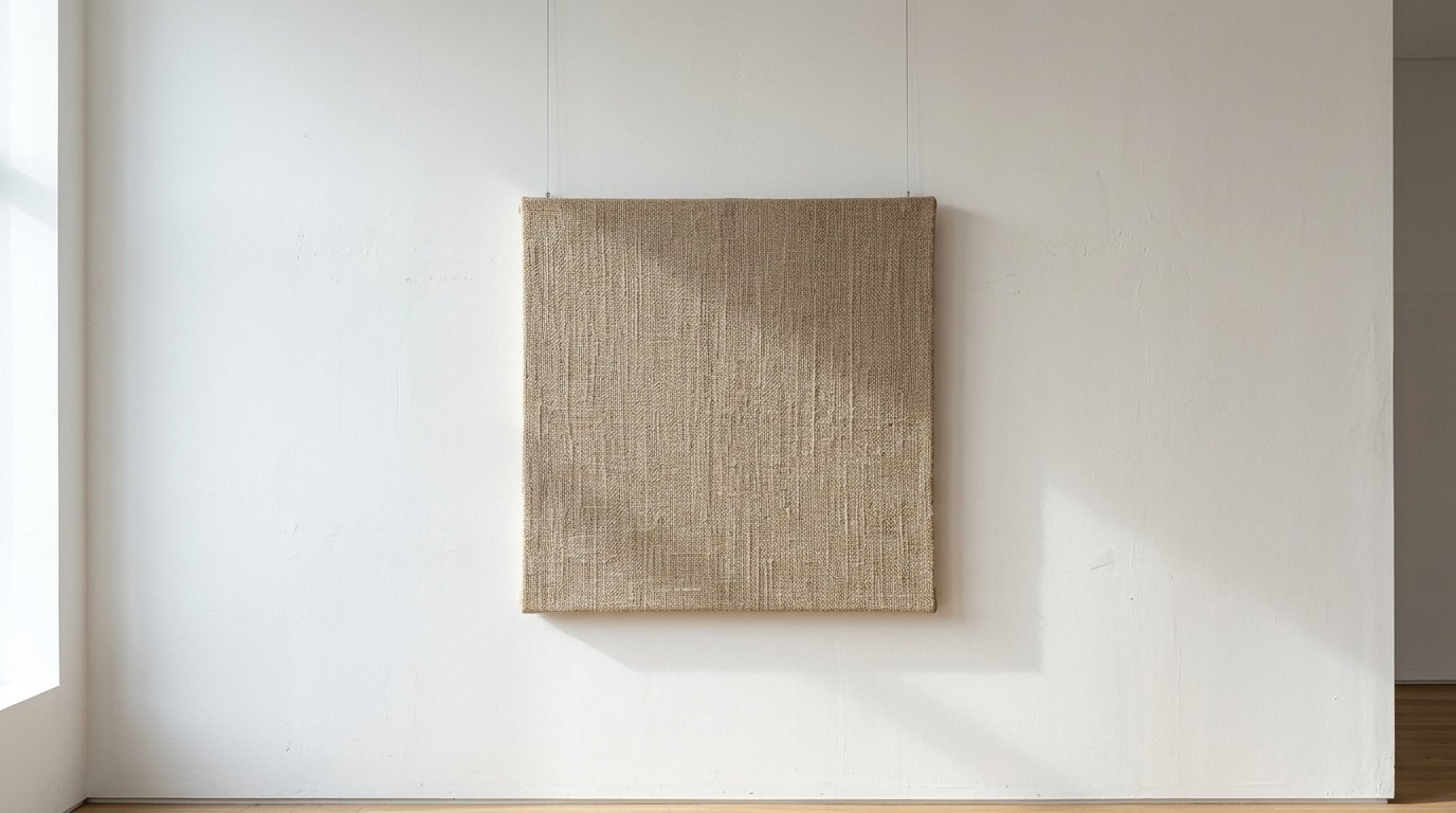 A tan, textured woven square piece of fabric art suspended by thin wires against a minimalist white gallery wall.