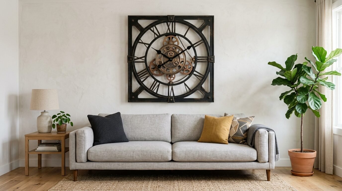 Modern living room with a light grey couch, large industrial gear clock, and a fiddle leaf fig plant.