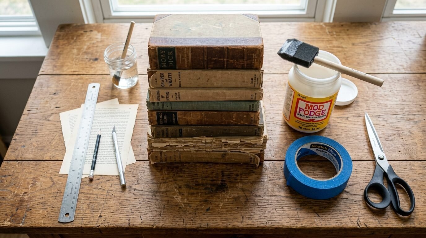 An overhead shot of old books, glue, scissors, and tools arranged on a wooden table.