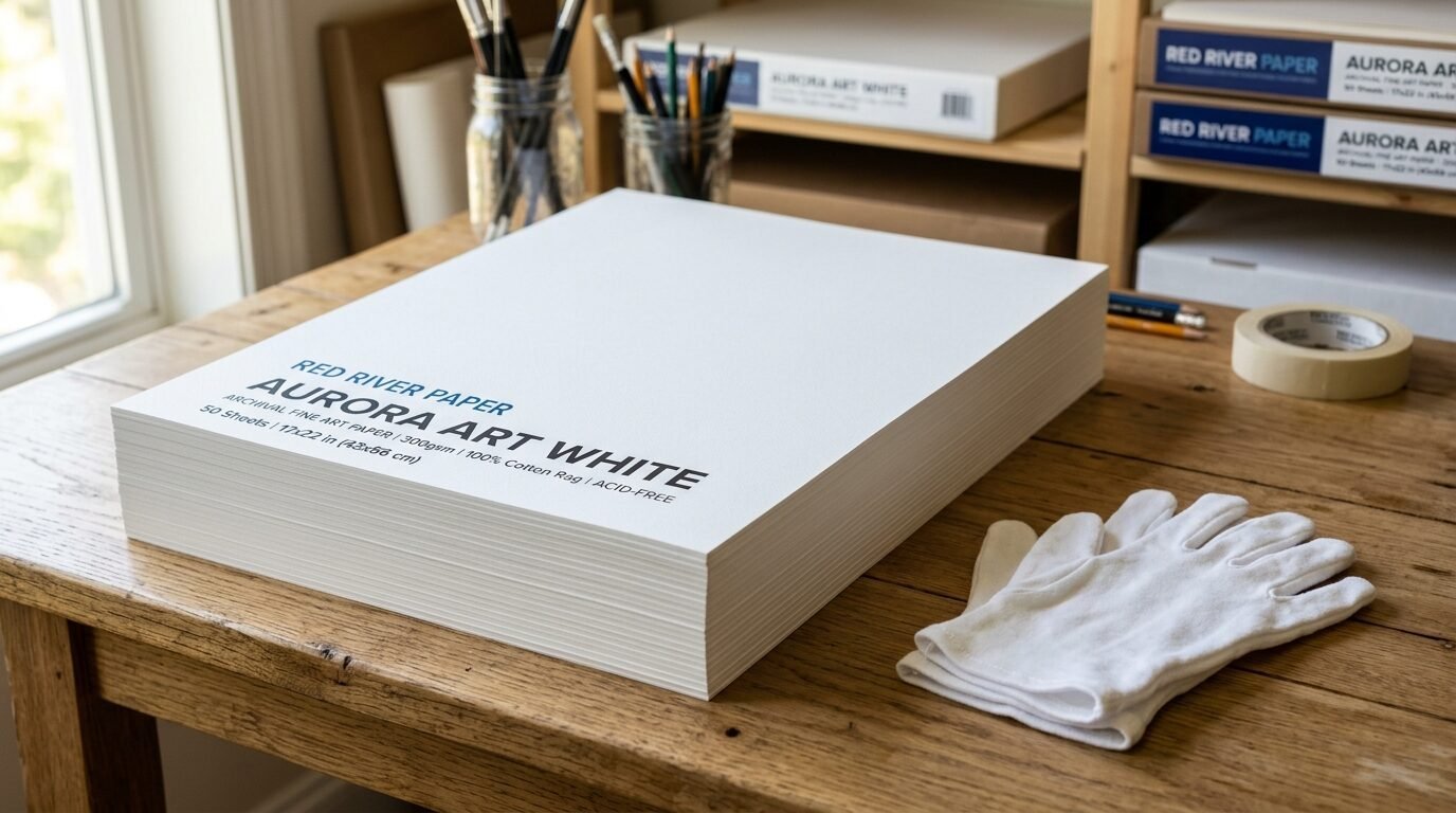 A thick ream of professional archival fine art paper sitting on a wooden desk with white cotton handling gloves.