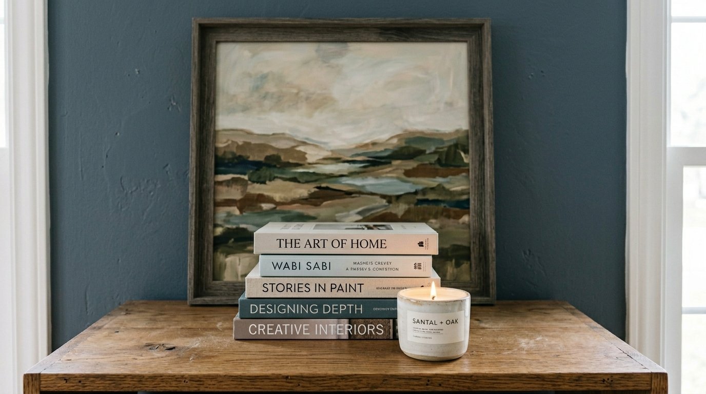 Five books stacked on a wooden table next to a lit candle in front of an abstract framed painting.