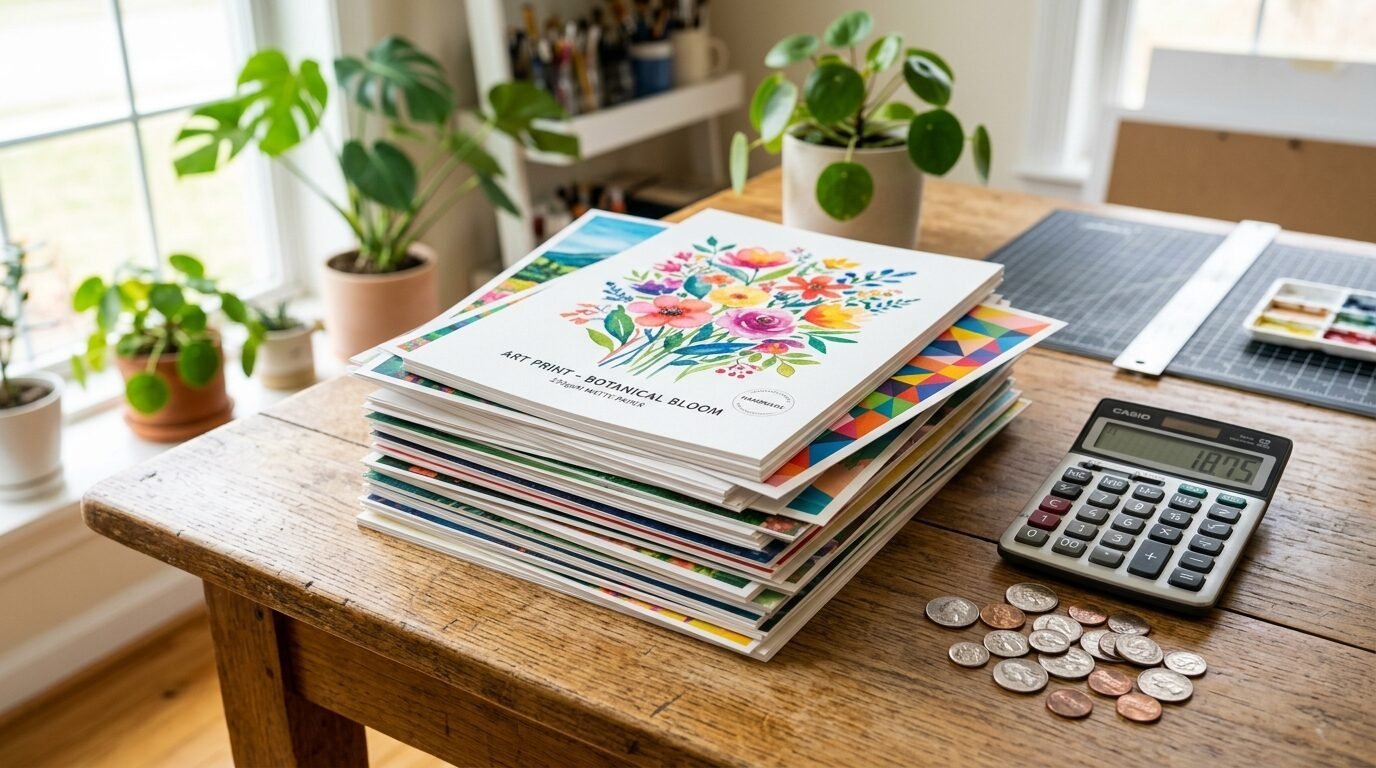 A pile of artist prints with a floral pattern on top, sitting on a desk with a calculator and coins.