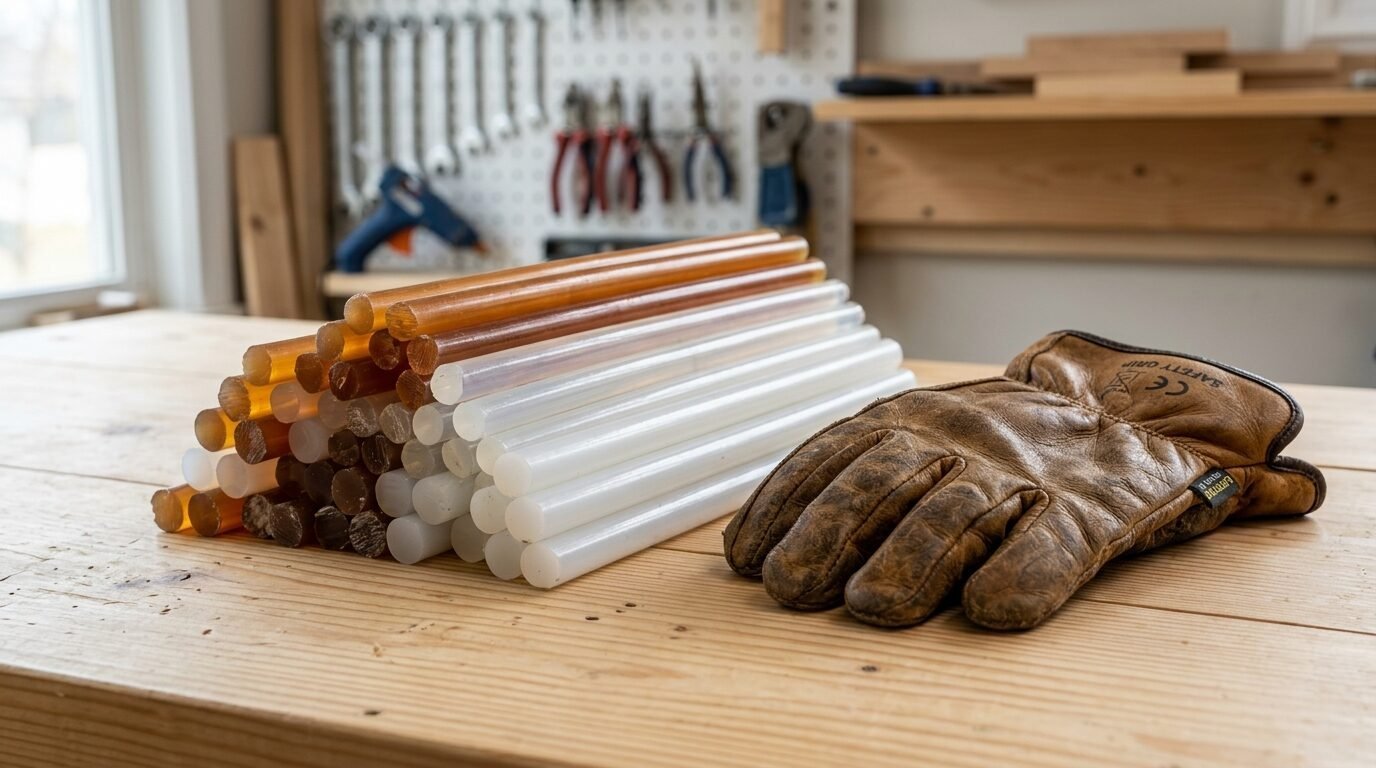 A pile of assorted clear and brown hot glue sticks resting on a wooden workbench beside a worn leather work glove.